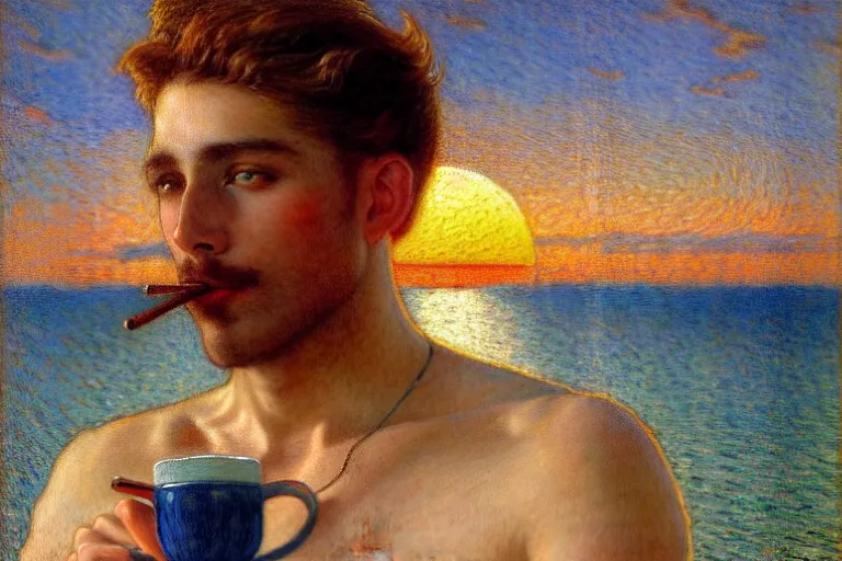 Image similar to attractive man drinking coffee, sunset, painting by gaston bussiere, carl larsson, tom of finland, trending on artstation