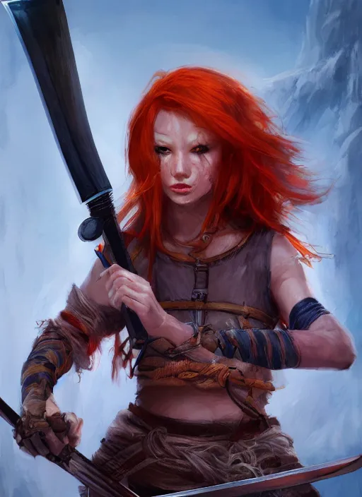 Image similar to Redhead girl which chest wrapped in bandages with katana in desert, fantasy, medieval, vivid colors, fantasy, elegant, concept art, sharp focus, beautiful face, digital art, Hyper-realistic, 4K, Unreal Engine, Highly Detailed, HD, Dramatic Lighting by Brom, trending on Artstation