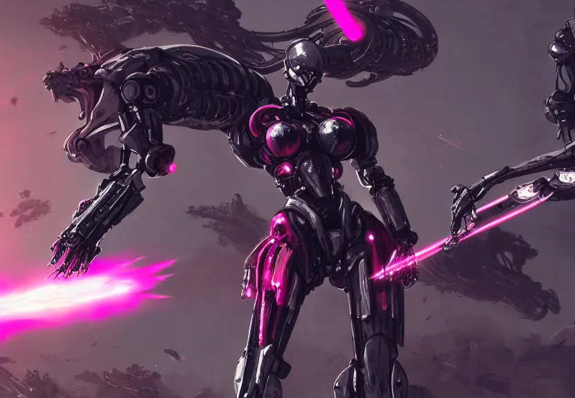 Image similar to epic cinematic shot of singular stunning beautiful hot anthropomorphic mecha female dragon fighting in the nuclear war with laser rifle, has silver armor and fuchsia skin, skeletons riddling the ground, bleak atmosphere, warframe fanart, terminator art, epic scale, furaffinity, deviantart, octane