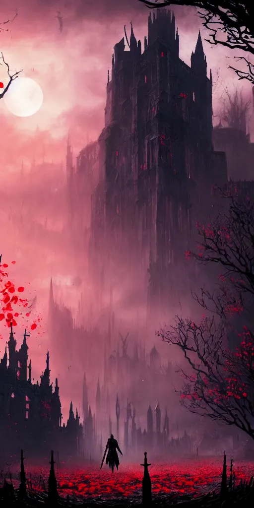 Image similar to abandoned bloodborne old valley with a person at the centre and a ruined gothic city at the end with a big castle, trees and stars in the background, falling red petals, epic red - orange moonlight, perfect lightning, wallpaper illustration by niko delort and kentaro miura, 4 k, ultra realistic