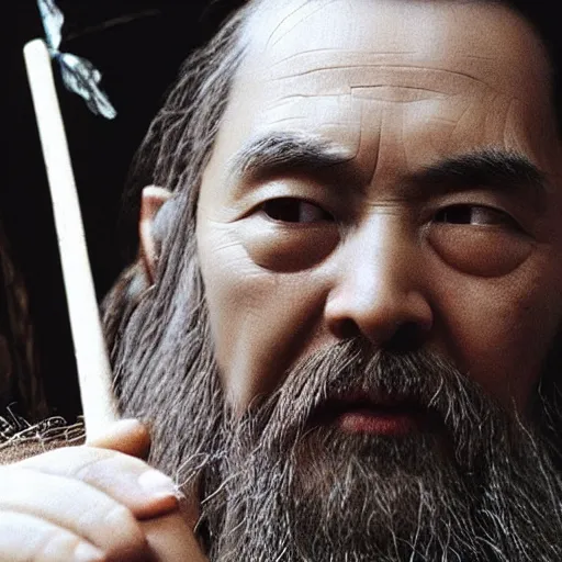 Image similar to a still from “ lord of the rings ” of a head and shoulders portrait of fei lung as a wizard with a wooden staff, photo by phil noto