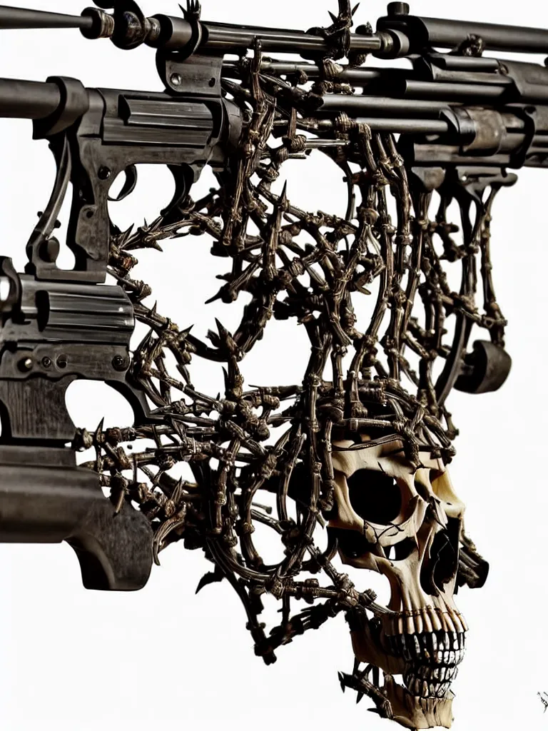 Image similar to animal skull made of rifles, skull made of revolvers, ultra-realistic, intricate details photograph