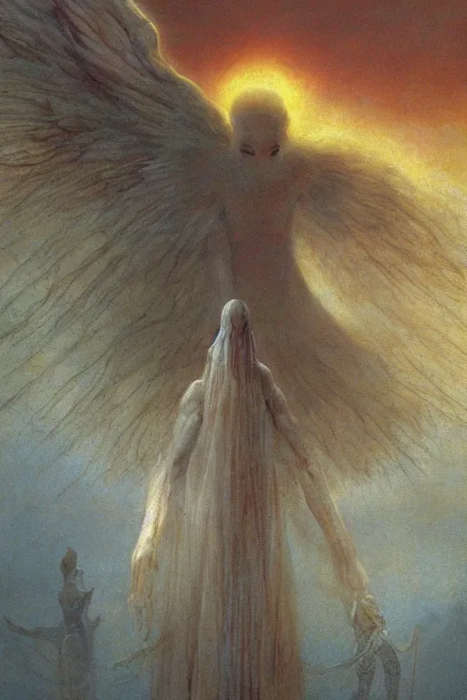 Image similar to giant white glowing angel rising above fallen demon lying on the foggy ground by wayne barlowe, wes anderson, arnold bocklin, roger dean, mikalojus konstantinas ciurlionis, mikhail vrubel and wadim kashin, rich moody colours, 9 0 - s anime, ethereal, lo - fi retro videogame