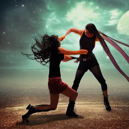 Prompt: Photo, A girl fight against an alien.