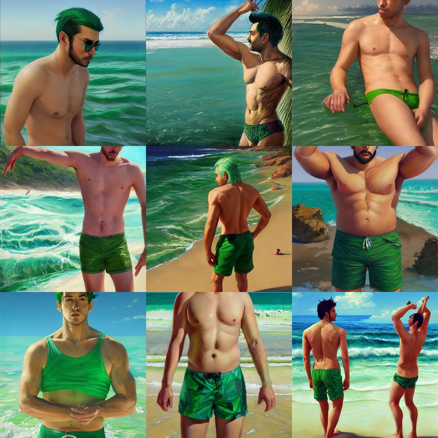 Prompt: A ultra-detailed beautiful painting of a man with medium-length green hair and stubble, wearing green swim trunks, full body, beach, oil painting, by Ilya Kuvshinov, Greg Rutkowski, and Makoto Shinkai