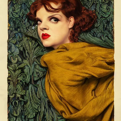 Image similar to hybrid of judy garland and lady gaga, brown fringe, large big downslanted eyes, large full lips, reclining on flowing bed cool stylish, yellow ochre ornate medieval dress, john william waterhouse, kilian eng, rosetti, john everett millais, william holman hunt, william morris, 4 k