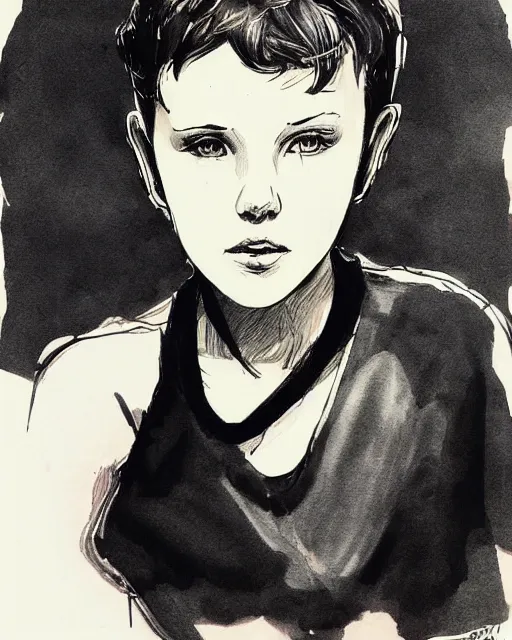 Prompt: pen sketch of millie bobby brown with short hair by yoji shinkawa