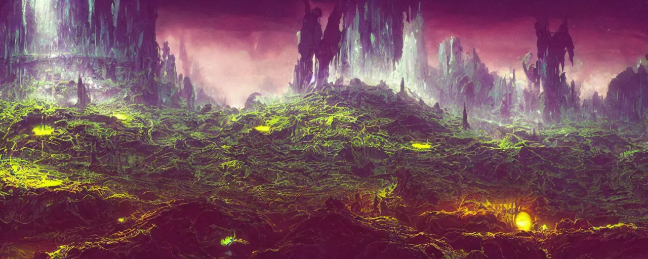 Image similar to ” slimy moist alien landscape, [ organic, liquid, disgusting, cinematic, detailed, epic, widescreen, opening, establishing, mattepainting, photorealistic, realistic textures, octane render, art by slop and paul lehr ] ”