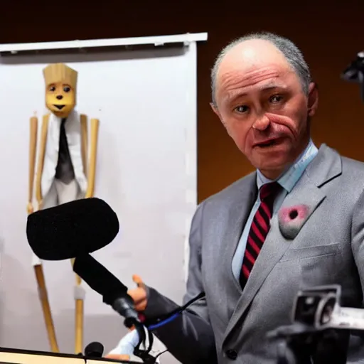 Image similar to president puppeteer that looks like a marionette in a podium giving a press conference