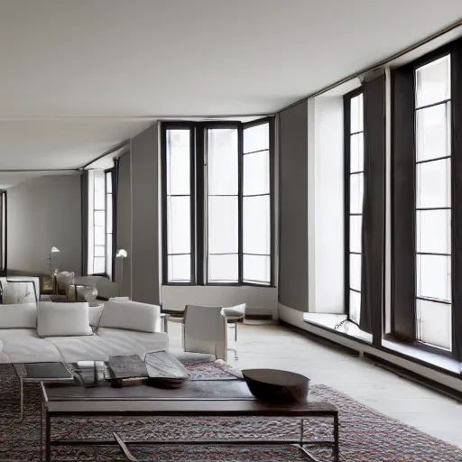 Image similar to hd photo of a vast room in a flat, designed by henri matisse, daylight, whitespace, excellent lighting, high detail 8 km photorealism