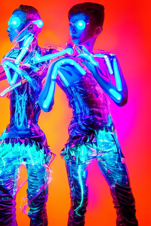 Prompt: full-body neon porcelain baroque tron style sculpture of four young royal dancers Kazaky as a high-fashion half-robot wearing retro shades with a porcelain body with an opening exposing a corrupted battery leaking blue glowing radioactive liquid, electric sparks, glowing violet laser beam eyes, crown of giant rubies, flowing pink and orange neon-colored glitched silk, luminescent fabrics, mechanical raptors. baroque and steampunk elements. full-length view. baroque element. intricate artwork by caravaggio. Very very very very highly detailed epic photo of face. Trending on artstation, octane render, cinematic lighting from the right, hyper realism, octane render, 8k, depth of field, 3D