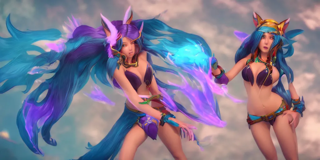 Prompt: character sheet render of pool party Ahri (wild rift). 3d, octane render, realistic, highly detailed, trending on artstation