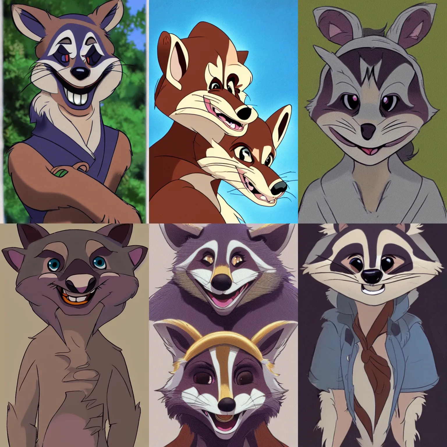 Prompt: a Don Bluth styled raccoon character portrait, highly detailed, smiling
