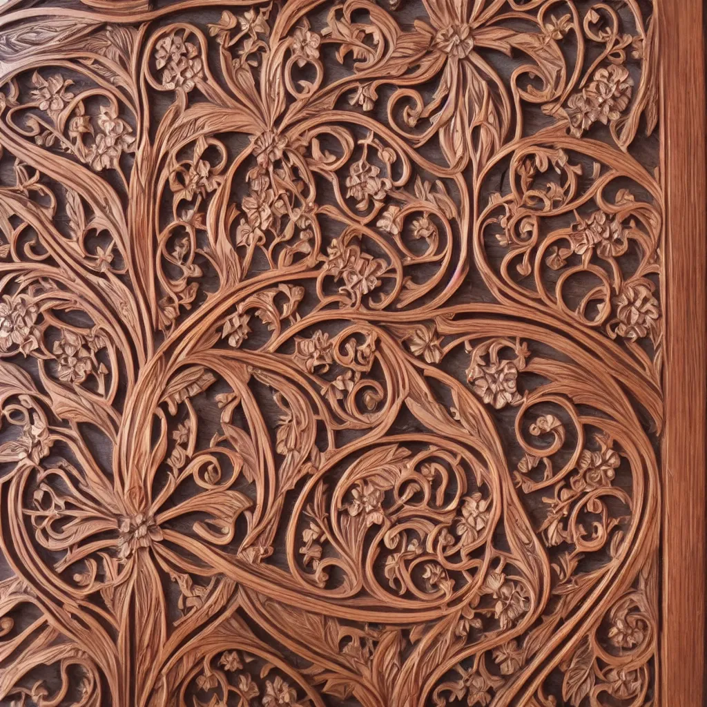 Image similar to a 3 d wooden mahogany art nouveau carved sculpture of a delicate sakura tracery pattern, intricate and highly detailed, well - lit, ornate, realistic, polished with visible wood grain