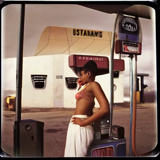 Image similar to Ashoka at a gas station, 90s polaroid, by Saul Leiter, Jamel Shabazz, Nan Goldin