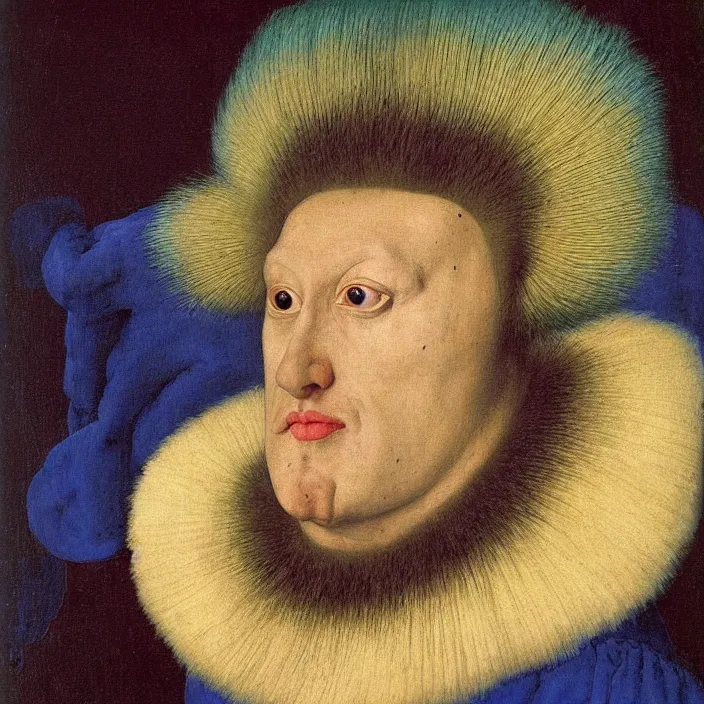 Image similar to close up portrait of a mutant monster creature with white fluffy moth pouf, exotic lily ears, delicate blue conch corns. by jan van eyck, audubon