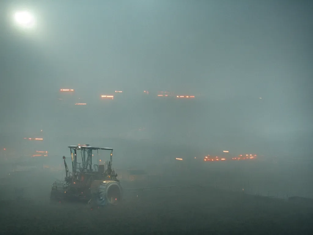 Image similar to farmer flying his harvest machine at a vertical farm in blade runner 2 0 7 2, cinestill, denis villeneuve, atmospheric, morning light, foggy, futuristic, ultra - hd, ultra - realistic