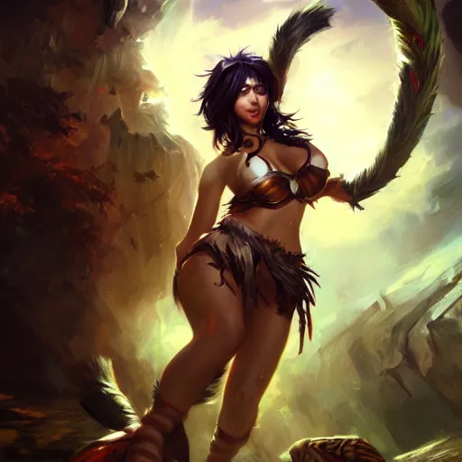 Prompt: nidalee from league of legends, epic scene, paint by Raymond Swanland