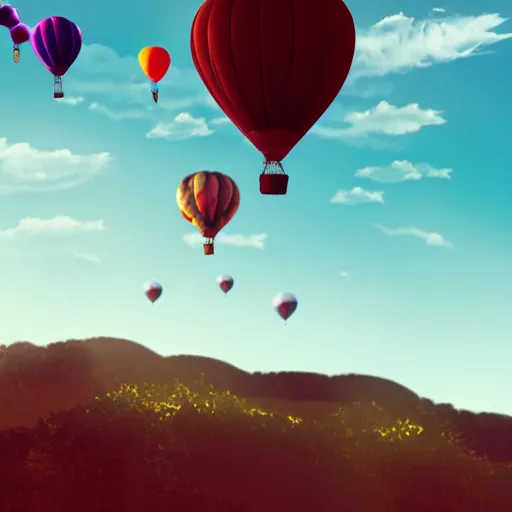 Image similar to people flying balloons into an abyss in the sky, with clear skies and good weather, realistic, cinematic