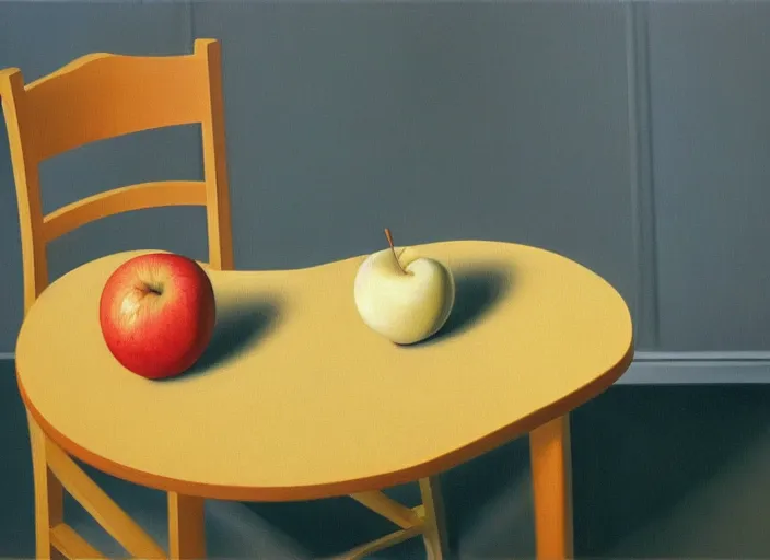 Image similar to 5 0 % white canvas and 5 0 % of a painting by rene magritte showing two chairs having a conversation about apples and oranges. elegant, highly detailed, artstation, smooth, sharp focus