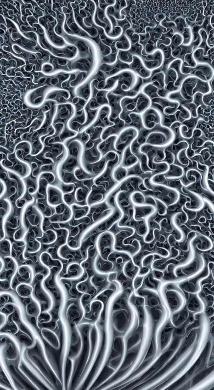 Image similar to an arrangement of ceramic pipes in the shape of vocal tracts ejecting a pattern of fractal jet streams of air, xenomorph, highly detailed, 8 k, octane,