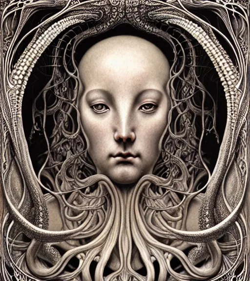 Prompt: detailed realistic beautiful octopus goddess face portrait by jean delville, gustave dore, iris van herpen and marco mazzoni, art forms of nature by ernst haeckel, art nouveau, symbolist, visionary, gothic, neo - gothic, pre - raphaelite, fractal lace, intricate alien botanicals, ai biodiversity, surreality, hyperdetailed ultrasharp octane render