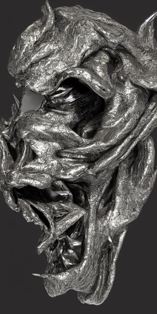 Image similar to 3 d render of a sculpture, chrometype, liquid metal, neotribal, raytraced, volumetric lightning, 8 k, innate studio
