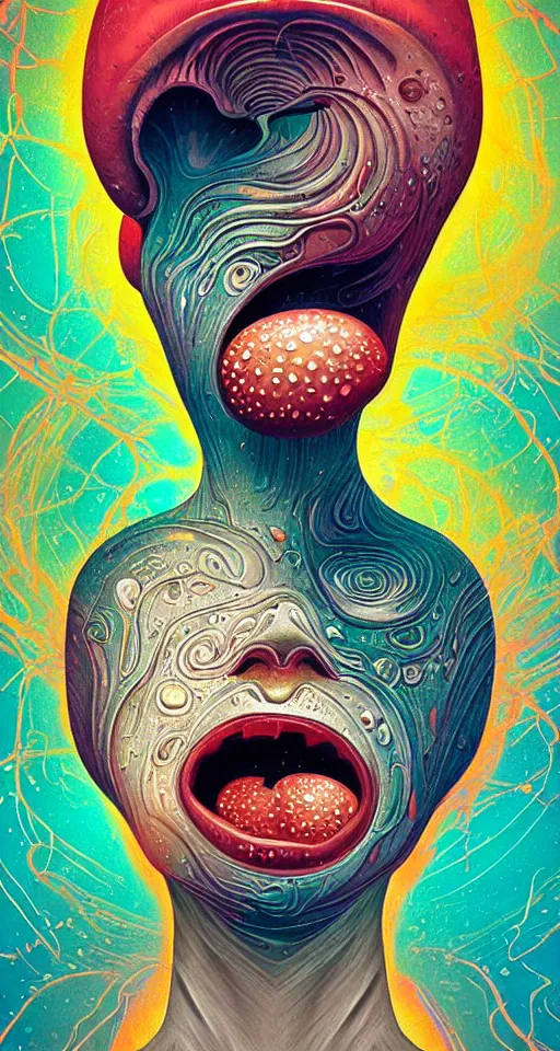 Image similar to art deco close up portait of mushroom head with big mouth surrounded by spheres, rain like a dream digital painting curvalinear clothing cinematic dramatic fluid lines otherworldly vaporwave interesting details epic composition by artgerm basquiat