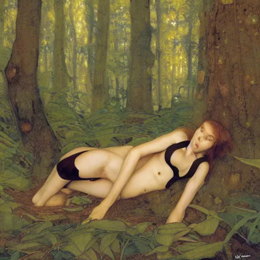 Image similar to beautiful female ant/woman hybrid with a perfect body, lounging in the Marian forest at dusk, by Edgar Maxence and Ross Tran and Michael Whelan and Gustav Klimpt