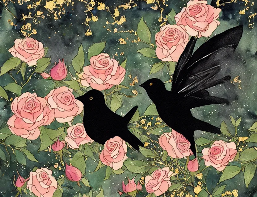 Image similar to faerie blackbird in a rose garden of the palace. this watercolor and gold leaf work by the award - winning mangaka has a beautiful composition and intricate details.