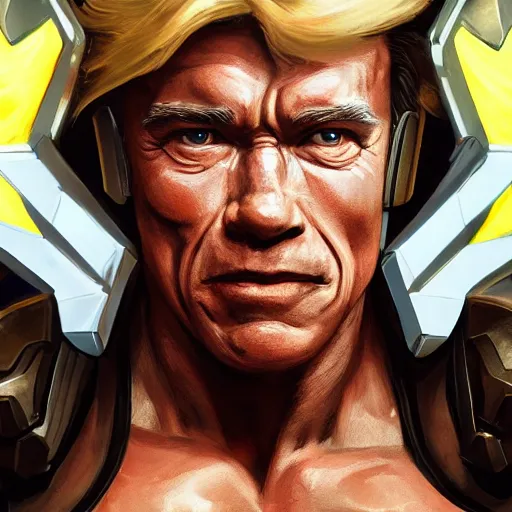 Image similar to a screenshot of arnold schwarzenegger as mercy in overwatch, angel wings, halo, portrait, fantasy, beautiful face, vivid colors, elegant, concept art, sharp focus, digital art, hyper - realistic, 4 k, unreal engine, highly detailed, hd, dramatic lighting by brom, trending on artstation