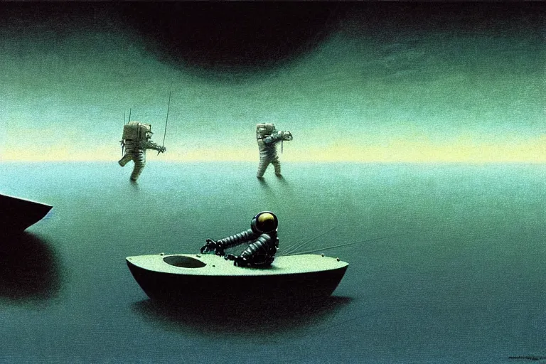 Prompt: astronaut in rubber boat, in the style of beksinski, parts by roger dean, parts by dean ellis, intricate and epic composition, white by caravaggio, insanely quality, highly detailed, masterpiece, white light, artstation, 4 k