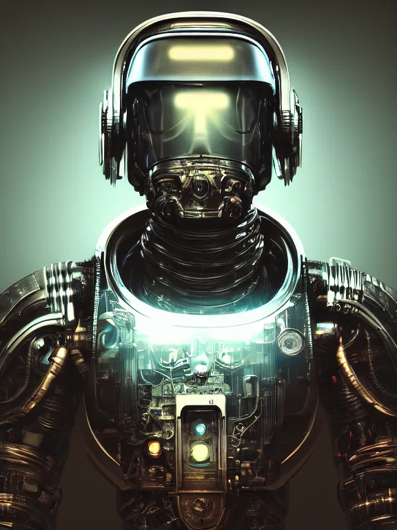 Image similar to portrait art of 8k ultra realistic retro futuristic terminator astronaut helmet, lens flare, atmosphere, glow, detailed,intricate,blade runner, cybernetic, full of colour, cinematic lighting, trending on artstation, 4k, hyperrealistic, focused, extreme details,unreal engine 5, cinematic, masterpiece, art by ayami kojima, giger