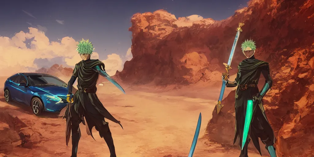 Image similar to blue knight holding a gold sword, green hatchback car screen left, low wide angle, anime, desert landscape, greg rutkowski, Murata, one punch man manga, cinematic, digital art, hyper realistic