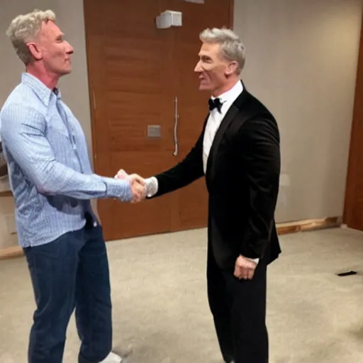 Image similar to dwayne the rock johnson shaking hands with bill nye the science guy