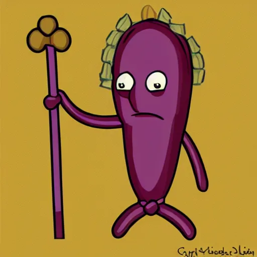 Image similar to kidney bean holding a staff, wearing crown, cartoon character, digital art, fun,