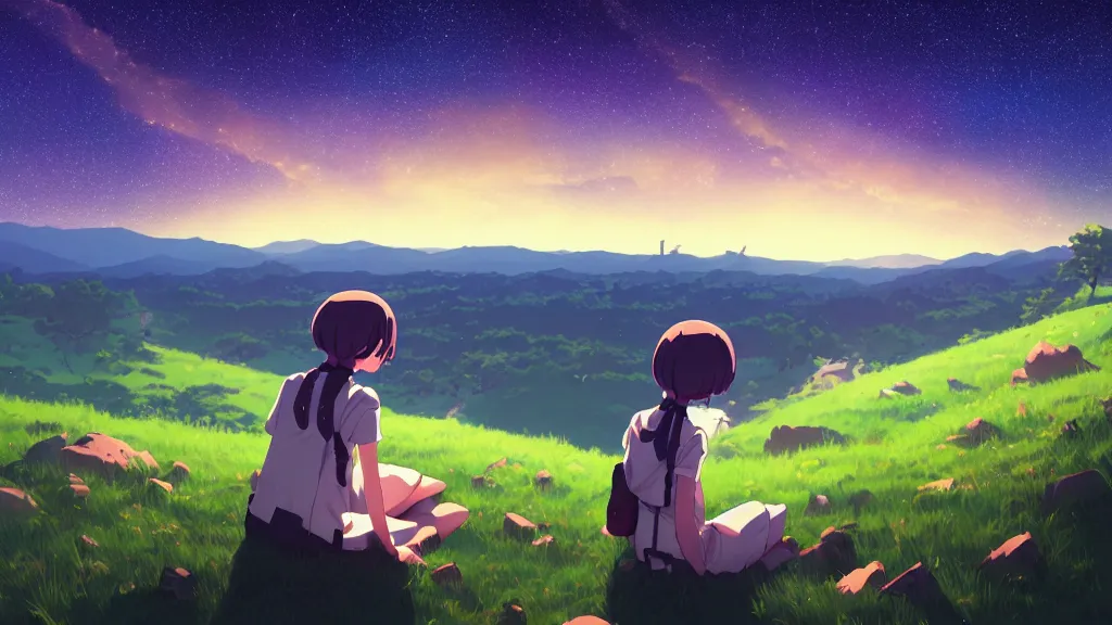 Image similar to a schoolgirl girl sat on the hillside and looked at the stars in the night sky, midnight, spectacular milky way, shining meteor, rich vivid colors, ambient lighting, official media, anime key visual, makoto shinkai, ilya kuvshinov, lois van baarle, rossdraws, detailed, trending on artstation.