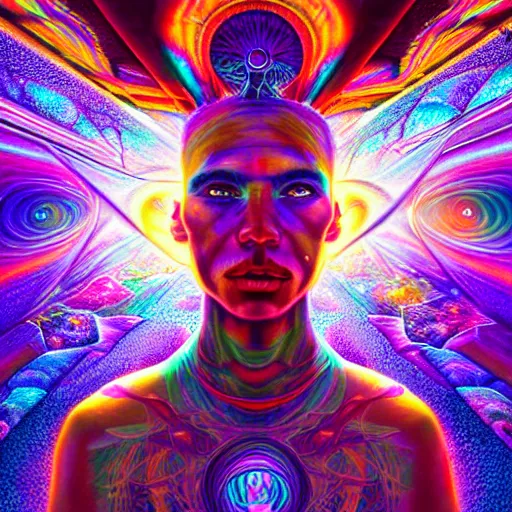 Image similar to a psychedelic being living in an extradimensional reality, in the style of wlop and alex grey, illustration, epic, fantasy, hyper detailed, smooth, unreal engine, sharp focus, ray tracing