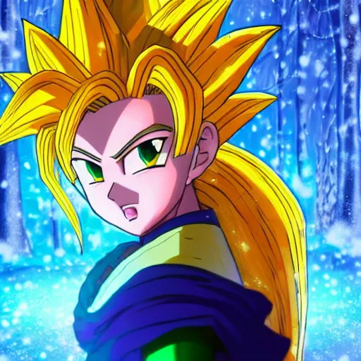 Image similar to portrait focus of Super Saiyan beautiful 3D anime gir!! frozen ice !! dark forest background, snowing, bokeh, inspired by Masami Kurumada, digital painting, high contrast, unreal engine render, volumetric lighting, high détail