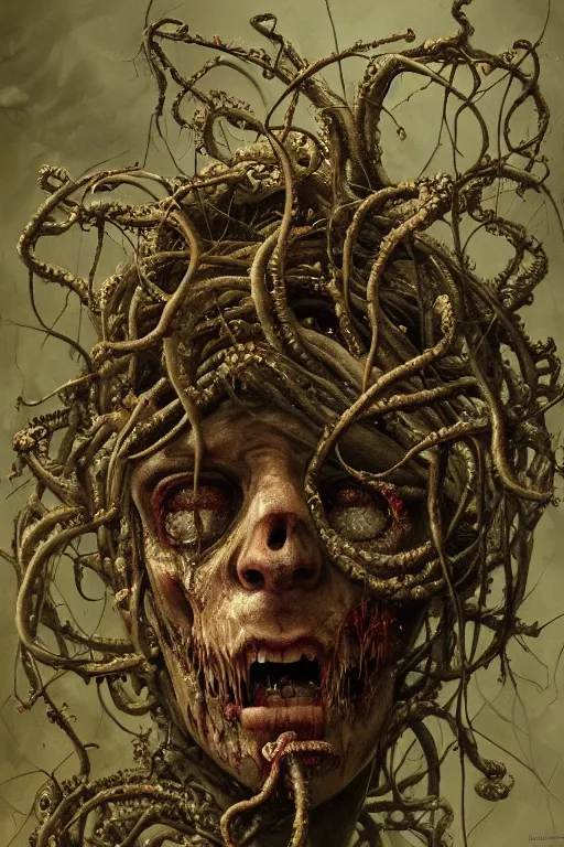 Image similar to realistic portrait beautiful detailed matte painting of cinematic movie scene a rotting zombie, tentacles, thorns, vines, horror, created by gustave dore and greg rutkowski, high detailed, smooth draw, synthwave neon retro, intricate, realistic proportions, dramatic lighting, trending on artstation.