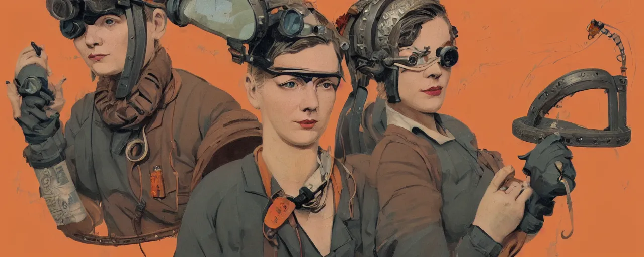 Prompt: vintage illustration 3 / 4 portrait of stoic tattooed heroic emotionless butch blonde woman engineer with short slicked - back hair, wearing victorian goggles, dirty orange bandana around neck, awkward and uncomfortable and anxious, dynamic composition by sachin teng and sergey kolesov and ron cobb. industrial space program, scifi, hyper detailed. octane render. concept art. trending on artstation