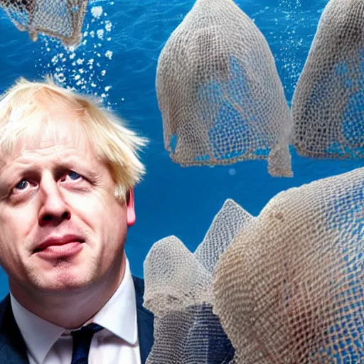 Prompt: Boris Johnson, under water, tangled in fishing net