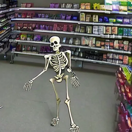 Image similar to cctv footage of a skeleton shoplifting