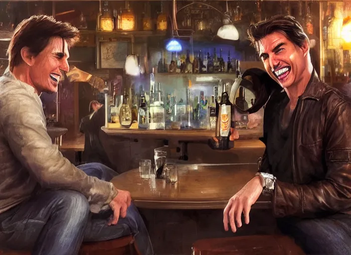 Image similar to hyper realistic tom cruise hanging out with tom cruise at a bar, all overly excited, jaw unhinged with laughter and smiling, all teeth, by greg rutkowski, artgerm, loish, pixar, 4 k, 8 k, masterpiece