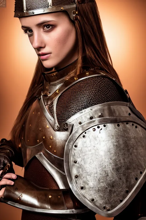 Image similar to female medieval knight, brown hair, by louis vuitton, luxury materials, symmetrical, cinematic, elegant, professional studio light, real dlsr photography, sharp focus, 4 k, ultra hd, sense of awe, high fashion