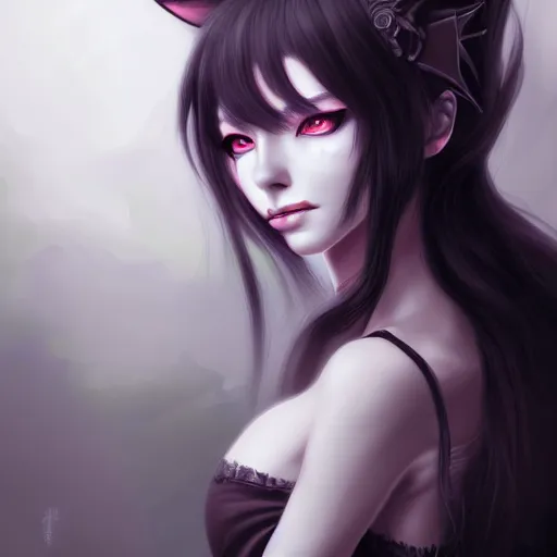 Prompt: Portrait of evil nekomimi girl, beautiful face, dark fantasy, intricate, elegant, highly detailed, digital painting, artstation, concept art, smooth, sharp focus, illustration, art by tran ross