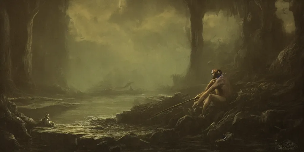 Prompt: a man sits at the edge of a river in the underworld waiting for the ferryman charon, beksinksi, dark and moody,