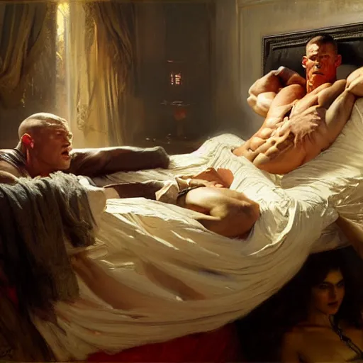 Image similar to john cena ring gear is in his bed, nervous and terrified, because beck lynch from hell is attacking him. highly detailed painting by gaston bussiere, j. c. leyendecker, greg rutkowski, craig mullins 8 k