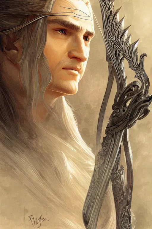 Image similar to legolas, lord of the rings elf, intricate, elegant, highly detailed, digital painting, artstation, concept art, smooth, sharp focus, illustration, art by artgerm and greg rutkowski and alphonse mucha