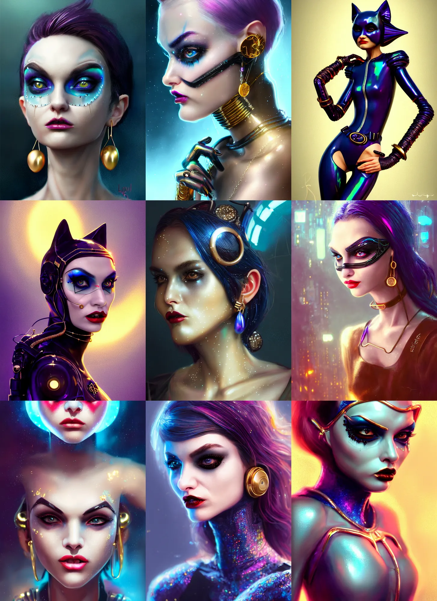 Prompt: disney 8 k photo, beautiful shiny sweaty porcelain rich grand iridescent emo edc catwoman clowncore cyborg college woman, earrings jewelry, golden ratio details, sci fi, fantasy, cyberpunk, intricate, decadent, highly detailed, digital painting, octane render, artstation, concept art, smooth, sharp focus, illustration, art by loish, wlop